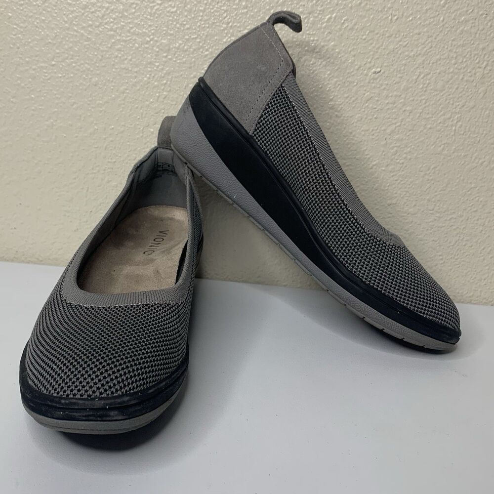 Vionic Jacey Shoes Women’s Sz 6.5 Gray Knit Wedge Slip-On Comfort Orthotic Pumps